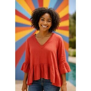 Canyon Retreat Women's Guaze Knit Top Sz Large Coral Ruffle Sleeve Cozy Comfort